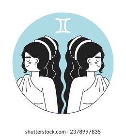 Twins woman gemini zodiac monochrome round vector spot illustration. Attractive women 2D flat bw cartoon character for web UI design. Astrology isolated editable hand drawn hero image