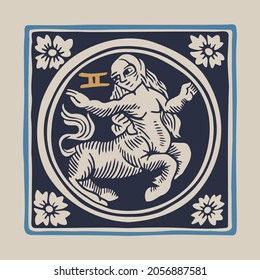 Twins zodiac medieval-style illustration. Dim colored square emblem perfect for T-shirts, retro manuscripts, and invitations.