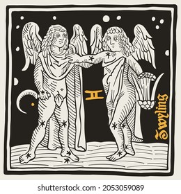 Twins Zodiac sign and constellations. Illustration in medieval style with black-letter lettering. Gold and black square emblem perfect for apparel, retro posters, and cards.