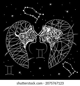 Twins Zodiac sign. Horoscope constellation, stars.Black space with dots stars, shiny bokeh.Vector science background. Symbol, Astrology Illustration, Twins silhouette