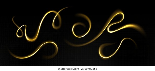 Gire fluxos de luz de ouro com efeitos de brilho mágico no fundo transparente escuro. Elegantes padrões de energia girando e brilhos dourados. Design abstrato com curvas luminosas e partículas fluindo.