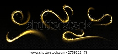 Twirl gold light streams with magical glow effects on dark transparent background. Elegant swirling energy patterns and golden sparkles. Abstract design with luminous curves and flowing particles.