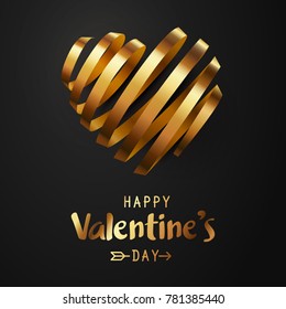 Twirl Golden Heart Ribbon And Happy Valentine's Day On Black Background, Vector Art And Illustration.