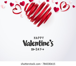 Twirl red heart ribbon and Happy valentine's day with paper hearts on white background, vector art and illustration.