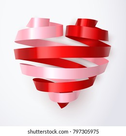 Twirl Red And Pink Heart Ribbon On White Background, Replaced Woman By Pink And Replaced Man By Red Two Different Colors Merge And Join To Build Complete Heart, Vector Art And Illustration.