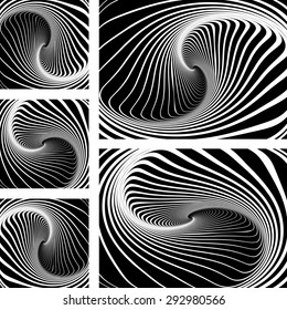 Twirl and vortex illusion. Op art backgrounds set. Abstract vector illustrations.
