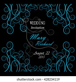 Twirl wedding card. blue frame. Vector