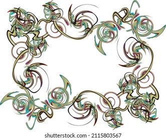 Twirled colored linear frame for holidays and events. Abstract rectangle with spiral elements and free space for invitation cards, wallpaper, textiles, fabric, fashion trends, interior solutions, etc.