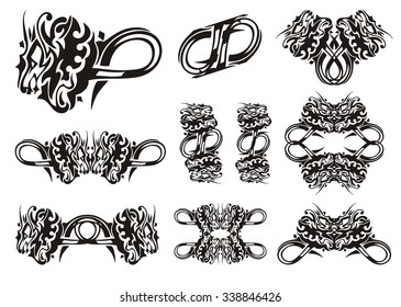 Twirled dragon symbols in tribal style. Set of decorative symbols of a furious dragon. Black on the white
