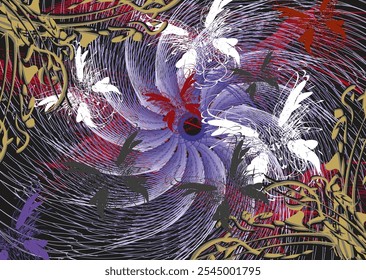 Twirled floral and butterfly backdrop for dynamic posters or prints. Dark exotic motifs for fashion trends,  interior solutions, textiles, covers, wallppaper, tiles, fabrics, scrapbooking, etc. Vector