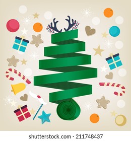Twirled green ribbon Christmas tree card design topped with reindeer antlers and surrounded by Xmas icons of candy, gifts, oranges, hearts, stars, snowflakes and a bell in square format