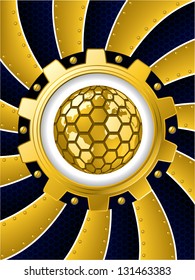 Twirling background with golden cogwheel and hexagon globe