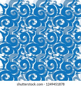 Twirling, curvy motives creating ornate, complex pattern in shades of blue