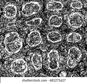 Twirling knots of abstract lines surrounded with interwoven texture, black on white base