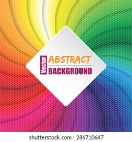 Twirling rainbow square background design with text container and hexagon elements