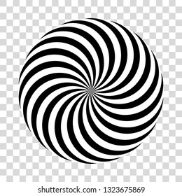 Twirling spin circle. Circular geometric pattern with moving effect of rotation. Black and white optical symbol with striped lines.