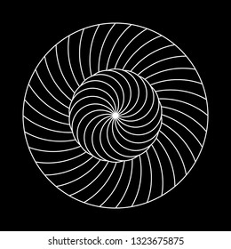 Twirling spin circle. Circular geometric pattern with moving effect of rotation. Optical symbol with white stroked lines on black background.