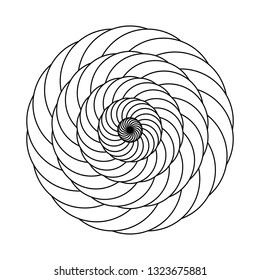 Twirling spin circle. Circular geometric pattern with moving effect of rotation. Optical symbol with black stroked lines on white background.