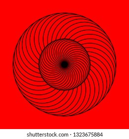Twirling spin circle. Circular geometric pattern with moving effect of rotation. Optical symbol with stroked lines on color background.