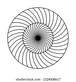 Twirling spin circle. Circular geometric pattern with moving effect of rotation. Optical symbol with black stroked lines on white background.