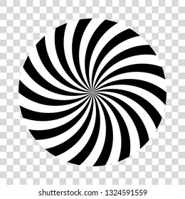 Twirling spin circle. Circular geometric pattern with moving effect of rotation. Black and white optical symbol with striped lines.