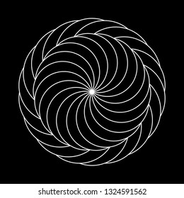 Twirling spin circle. Circular geometric pattern with moving effect of rotation. Optical symbol with white stroked lines on black background.