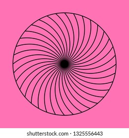 Twirling spin circle. Circular geometric pattern with moving effect of rotation. Optical symbol with stroked lines on color background.