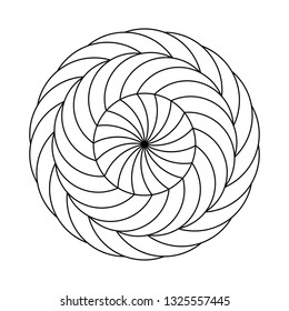 Twirling spin circle. Circular geometric pattern with moving effect of rotation. Optical symbol with black stroked lines on white background.