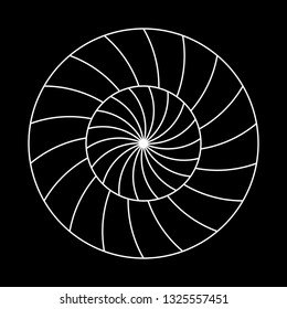 Twirling spin circle. Circular geometric pattern with moving effect of rotation. Optical symbol with white stroked lines on black background.