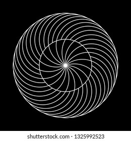 Twirling spin circle. Circular geometric pattern with moving effect of rotation. Optical symbol with white stroked lines on black background.