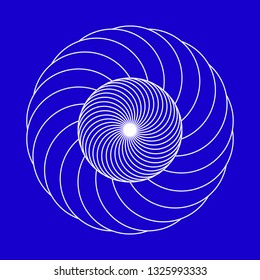 Twirling spin circle. Circular geometric pattern with moving effect of rotation. Optical symbol with stroked lines on color background.
