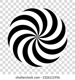 Twirling spin circle. Circular geometric pattern with moving effect of rotation. Black and white optical symbol with striped lines.