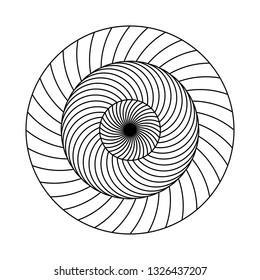 Twirling spin circle. Circular geometric pattern with moving effect of rotation. Optical symbol with black stroked lines on white background.