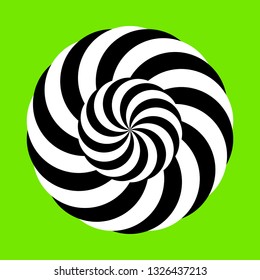 Twirling spin circle. Circular geometric pattern with moving effect of rotation. Black and white optical symbol with striped lines.