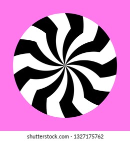 Twirling spin circle. Circular geometric pattern with moving effect of rotation. Black and white optical symbol with striped lines.