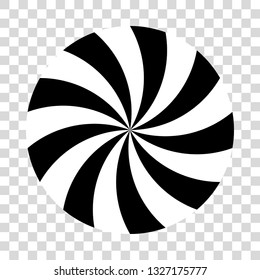 Twirling spin circle. Circular geometric pattern with moving effect of rotation. Black and white optical symbol with striped lines.