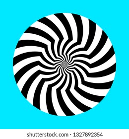 Twirling spin circle. Circular geometric pattern with moving effect of rotation. Black and white optical symbol with striped lines.