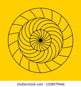 Twirling spin circle. Circular geometric pattern with moving effect of rotation. Optical symbol with stroked lines on color background.