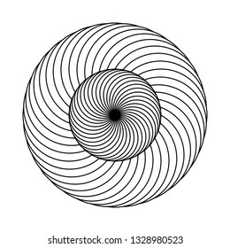 Twirling spin circle. Circular geometric pattern with moving effect of rotation. Optical symbol with black stroked lines on white background.