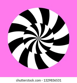 Twirling spin circle. Circular geometric pattern with moving effect of rotation. Black and white optical symbol with striped lines.