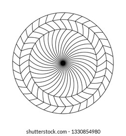 Twirling spin circle. Circular geometric pattern with moving effect of rotation. Optical symbol with black stroked lines on white background.