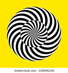 Twirling spin circle. Circular geometric pattern with moving effect of rotation. Black and white optical symbol with striped lines.