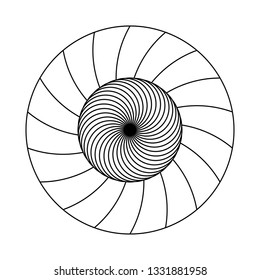 Twirling spin circle. Circular geometric pattern with moving effect of rotation. Optical symbol with black stroked lines on white background.