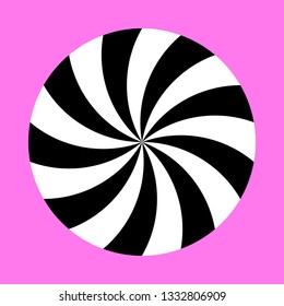 Twirling spin circle. Circular geometric pattern with moving effect of rotation. Black and white optical symbol with striped lines.