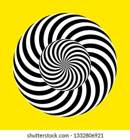 Twirling spin circle. Circular geometric pattern with moving effect of rotation. Black and white optical symbol with striped lines.