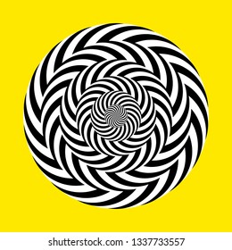 Twirling spin circle. Circular geometric pattern with moving effect of rotation. Black and white optical symbol with striped lines.