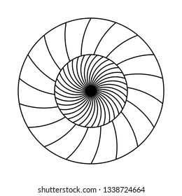 Twirling spin circle. Circular geometric pattern with moving effect of rotation. Optical symbol with black stroked lines on white background.
