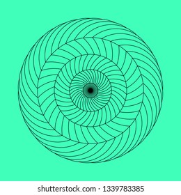 Twirling spin circle. Circular geometric pattern with moving effect of rotation. Optical symbol with stroked lines on color background.