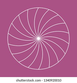 Twirling spin circle. Circular geometric pattern with moving effect of rotation. Optical symbol with stroked lines on color background.