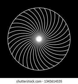 Twirling spin circle. Circular geometric pattern with moving effect of rotation. Optical symbol with white stroked lines on black background.